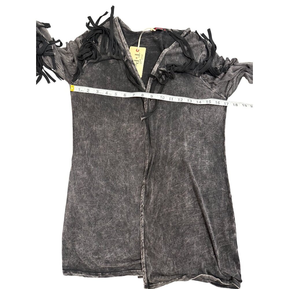 T Party Womens Size M Open Front Cardigan Fringe Washed Black Long Sleeve NEW - Picture 5 of 7